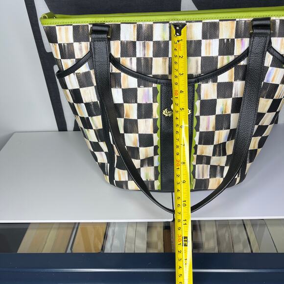 MacKenzie Childs Courtly Check Chartreuse Black Leather Diaper Bag Tote - Picture 6 of 9
